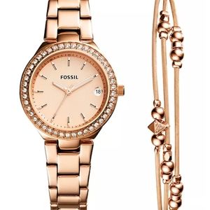 Fossil Women's Blane Rose Gold-Tone Stainless Steel Bracelet Watch 31mm Gift Set